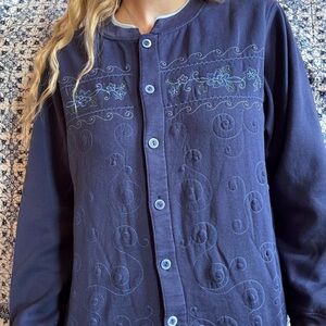 Navy Embroidered Button-Up Cardigan